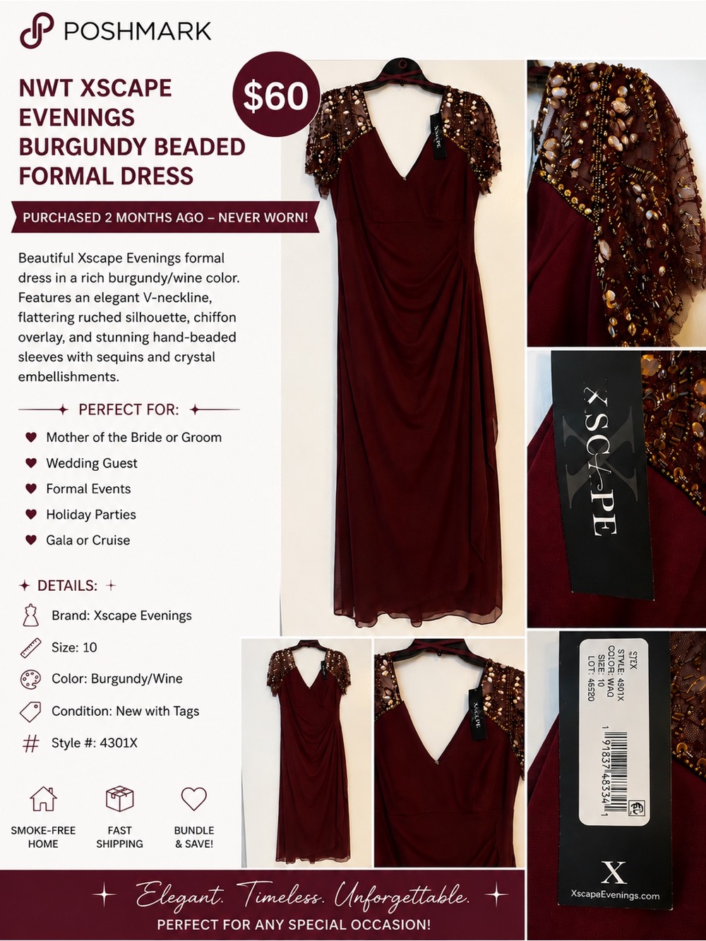 Burgundy Beaded short Sleeve Formal Dress